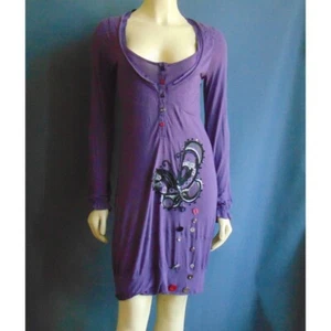 Desigual lila gestrickter dekorativer Knopf Henley Bubble Saum Empire Kleid L - Bild 1 von 8