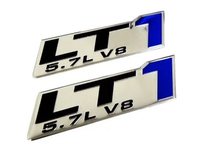 2 GM CHEVY CHEVROLET LT1 5.7L V8 ENGINE EMBLEMS BADGE CHROME SILVER BLUE PAIR - Picture 1 of 1