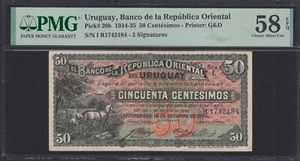URUGUAY ,BANCO DE LA REPUBLICA ORIENTAL 50 Centesimos, 1934 P#20b PMG 58 EPQ - Picture 1 of 2