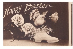 Happy Easter, Chick, Roses, Shoe Vintage Postcard - Picture 1 of 2