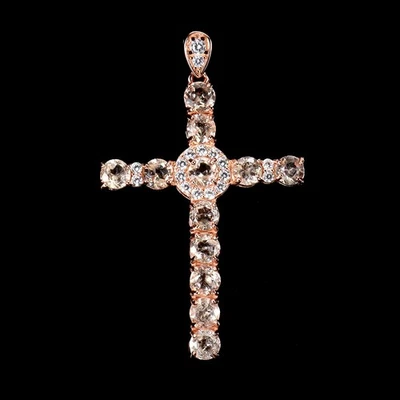 925 Sterling Silver Pendant Round Morganite 4mm Natural Gemstone Cross Jewelry - Image 1 of 4