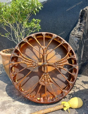 Shamanic Drum Falcon Fire Design Tobacco Dyed Buffalo Hide Handmade Ceremony - Image 1 of 3