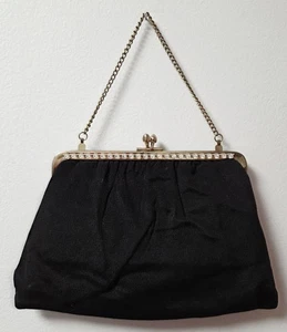 Vintage Black Evening Purse with Clear Plastic Rhinestone Accents & Gold Straps - Picture 1 of 5