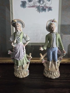 Vintage Hand Painted Victorian Couple Man & Woman Figurines - Bisque Porcelain - Picture 1 of 11