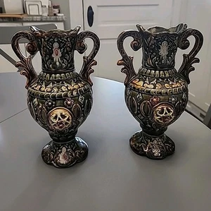 Pair of Antique Majolica Green Ornate Vase w/ Handles Flowers Signed England 904 - Picture 1 of 7