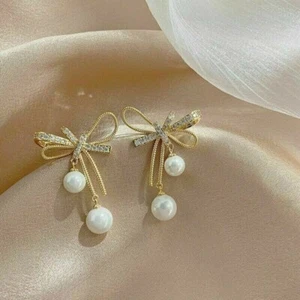 3Ct Round Cut Pearl & Diamond Bow Knot Drop Dangle Earrings 14K Yellow Gold Over - Picture 1 of 4