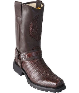 Los Altos GENUINE BROWN Caiman Crocodile Tail Biker Boots Square Toe D 55T0107 - Picture 1 of 2