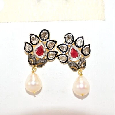 Polki Pave Diamond Earrings Ruby & Pearl 925 Sterling Silver Christmas Gift - Image 1 of 4