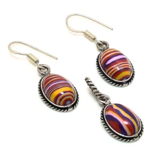 Rainbow Calsilica Gemstone 925 Sterling Silver Plated Bezel Pendant, Earring Set - Picture 1 of 3