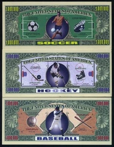 SET USA Fantasy 3 Banknoten, 1000000, Sports are Soccer, Hockey, Baseball F - Bild 1 von 2