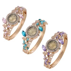 Luxury Women Pink Rhinestone Encrusted Clover Watch Bracelet Quartz Timepiece - Picture 1 of 13