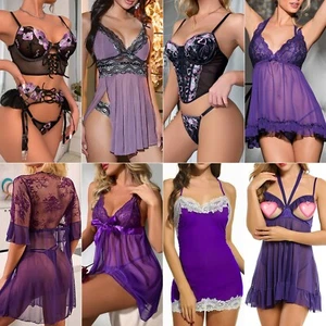 Halloween Purple Roleplay Costumes Sexy Lingerie Set Underwear Babydoll Dress US - Picture 1 of 85