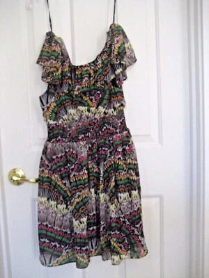 NEW Sz M Ruffle Neck Wide Elastic Waist Multi Color Black Silky DRESS XXI SUN - Image 1 of 4