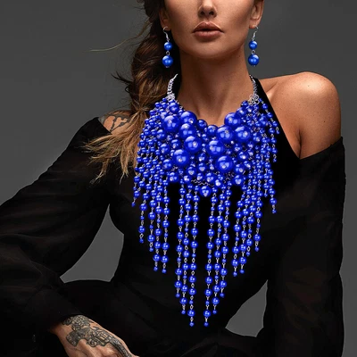 Bib Statement Chunky Multi Layered Fringe Beaded Strand Pearl Necklace Earrings - Image 1 of 4