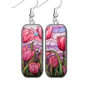 Pink Tulips Flower Dangle Earrings Rectangle Faux Stained Glass Floral Art Print - Picture 1 of 3