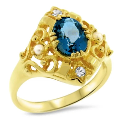 ANEL ESTILO ANTIGO BANHADO A OURO 24K PRATA 925 TOPÁZIO AZUL LONDRES GENUÍNO 1009z - Imagem 1 de 3