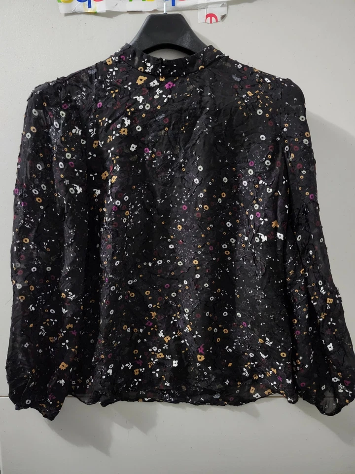 Blusa Club Monaco Top Mujer S Manga Larga Apliques Floral Mezcla Seda Ojo de Cerradura Foto 1 de 4