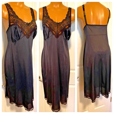 复古 20 世纪 70 年代 JET 黑色尼龙带蕾丝身体和装饰全滑尺寸 40(大号) — 第 1/4 张图片