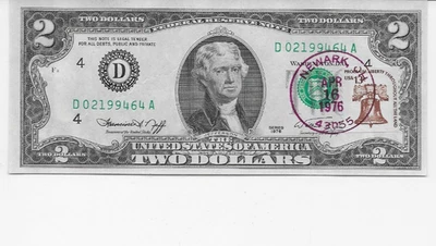 1976  $2 Federal Reserve Note  FIRST DAY ISSUE  Newark, Ohio W/ Stamps  UNC. - Image 1 of 2