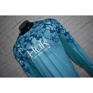 Huk Fishing Shirt Sun Mens Size 3XL Performance Blue Water Camo Polyester - Picture 1 of 9