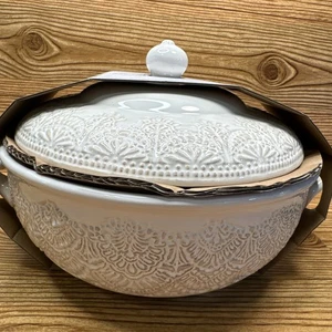 Pionierin Vintage Spitze Steinzeug Griff Servierschüssel mit Deckel 2,5 qt - Bild 1 von 4