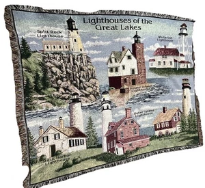 Fari dei Grandi Laghi Arazzo Tessitori di Campagna Puro 53" x 69" Coperta - Foto 1 di 13