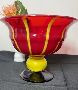 Vintage Large Blown Glass Compote Pedestal Red/amberina, Navy, Yellow Art Glass - Picture 1 of 7