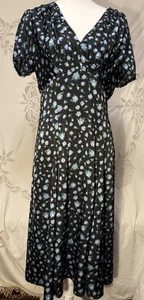 Betsy Johnson Black & Blue Floral Satin Midi Dress Sz 8 - Picture 1 of 7