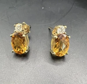 Ohrringe Citrin & Diamantpfosten 10K Gelbgold Oval 7x5mm Schachbrettbolzen - Bild 1 von 5