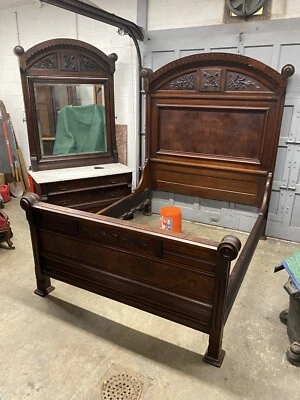 2 PIECE CARVED WALNUT AND BURL EASTLAKE MARBLE TOP BEDROOM SET - Image 1 of 4
