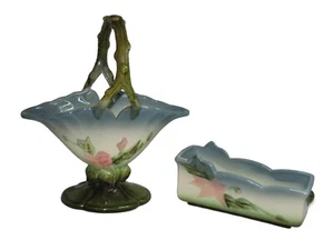 Vintage Hull USA Keramik 2-teiliges Set Woodland blau grün glänzend Mid-Cent Korb + Pflanzgefäß - Bild 1 von 14