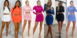 Womens Sexy Party Crop Top & Ruched Mini Skirt Two Piece Co Ord Set Dress Outfit - Picture 1 of 22