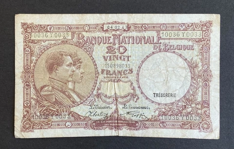 1943 Banque Nationale de Belgique 20 Francs WWII Belgium Banknote Paper Money Cover