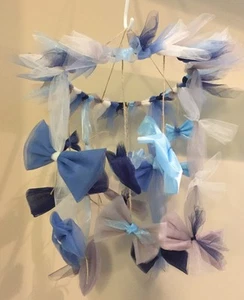 Baby Shower Gift Handmade Pom Pom Bow Tulle Mobile Decor Nursery Rustic Decor - Picture 1 of 6