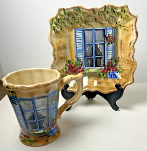 Rue de Paris Windows Small Plate & Mug Tabletops Unlimited BLUE Shutters Set - Picture 1 of 12