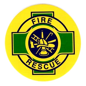 INCENDIO - RESCATE - DEPARTAMENTO DE BOMBEROS - Calcomanía cruzada verde, azul y amarillo de 2 1/2" - Imagen 1 de 1