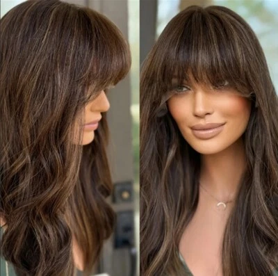  Brown Highlights Loose Wave Wig With Bangs 13x4 Lace Front Human Hair Wig - Image 1 of 4