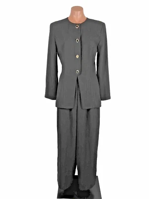 Vintage 90s Cache Black Silver Pinstripe Rhinestone 6 Suit Longline Jacket sz 6 - Image 1 of 4