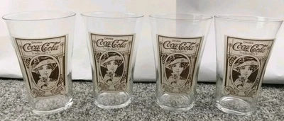 Set of 4 Vintage Coca-Cola Flared Glass 16 Oz Drinking Cups Victorian Lady Print - Image 1 of 4