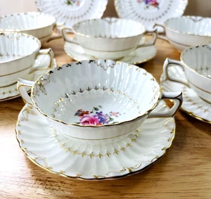 Six ROYAL CROWN DERBY  Ashby Double Handled Cream  Soup Bowls & Saucers 12 Piece - Picture 1 of 21