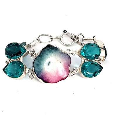 Teal & Pink Dyed Quartz Stone & Glass Cabachon Sterling Silver Bracelet - Image 1 of 4