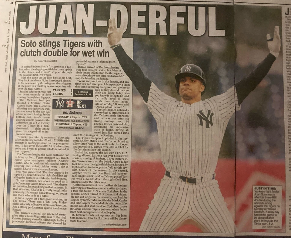 ⚾️⚾️05-06-24*NY POST*MLB NY YANKEES ⭐️⭐️ JUAN SOTO “JUAN-DERFUL” PICTURE - Image 1 of 1