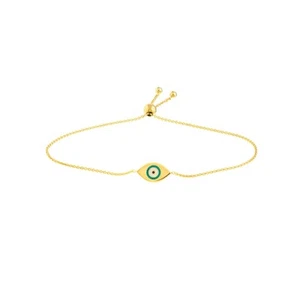Turquoise Enamel Evil Eye Bracelet Real 14K Yellow Gold Up to 9.5" - Picture 1 of 3