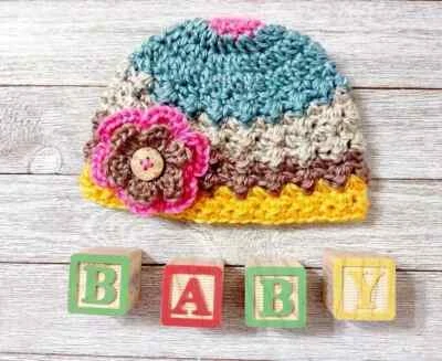 crochet handmade baby newborn flower hat girls puffs sandbox blend new - Image 1 of 2