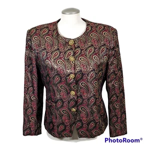 Vintage Braemar Petites Jeremy Scott Blazer Jacket Womens Med Shiny Paisley Red - Picture 1 of 7