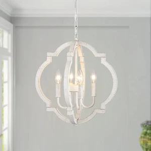 Farmhouse Chandelier Rustic Orb Chandeliers for Dining Room White Wooden Pendant - Picture 1 of 10