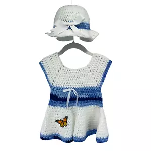 Handmade Girl12-24 Month Dress & Hat Blues & White Ribbons & Monarch Butterfly - Picture 1 of 12