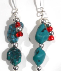 Cherokee Ohrringe 1,5" Hänger Türkis Nuggets rote Swarovski Kristalle - Bild 1 von 2