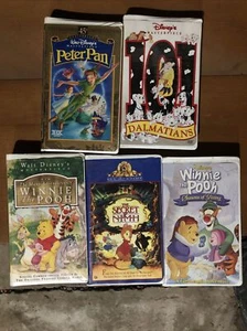 5 Clam Shell VHS Tapes Peter Pan, 101 dalmatians, secret of nimh, 2 Winnie Pooh - Picture 1 of 6