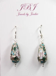 Cloisonné Chinese Oriental Enamel .925 Silver Flower Tear Drop Earrings 1 1/2" - Picture 1 of 3